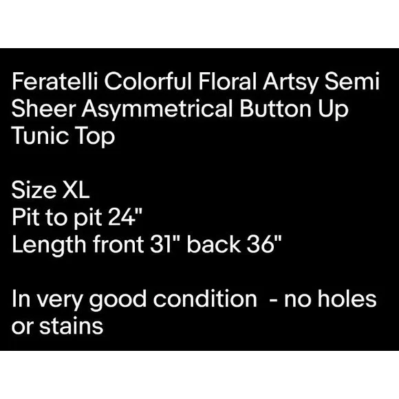 Feratelli Colorful Floral Artsy Semi Sheer Asymmetrical Button Up Tunic Top XL - Picture 7 of 7